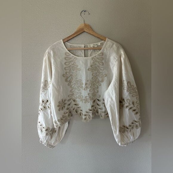 Oli and Hali Eyelet Embroidered Boxy Balloon Sleeve Linen Blend Top Size L - Picture 3 of 10